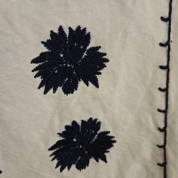 Tory Burch Floral Embroidered White Navy Linen Blend Designer Midi Dress Size M - Picture 5 of 11